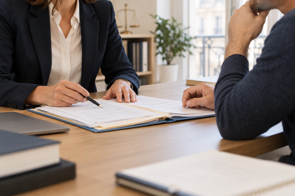 Avocat et client préparant un dossier avant une comparution sur reconnaissance préalable de culpabilité