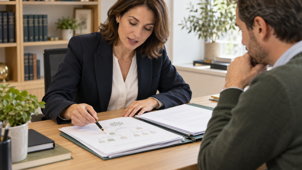 Notaire présentant les étapes d’une succession à un client lors d’un rendez-vous.
